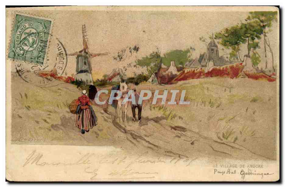 CPA Fantaisie Illustrateur Le village de Knocke Moulin avent