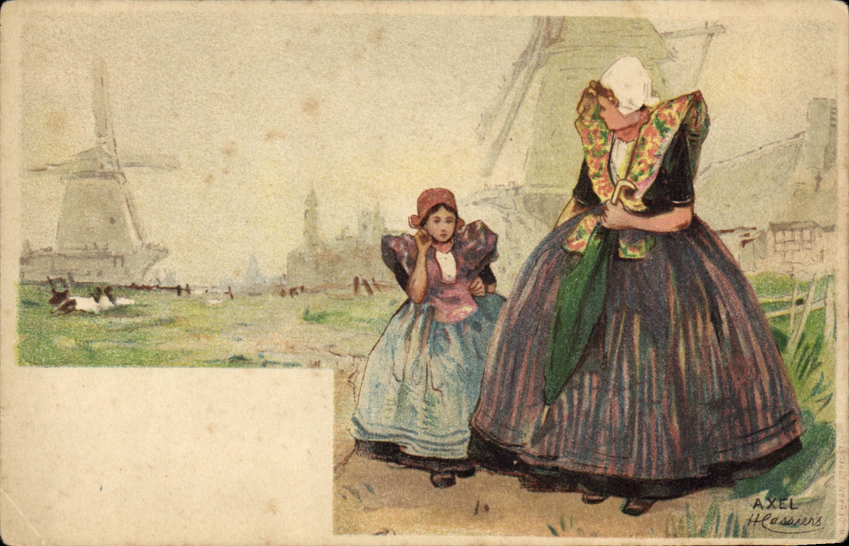 CPA Fantaisie Illustrateur Femme Enfant Moulins a vent