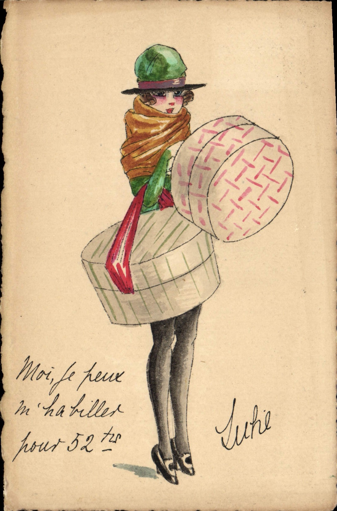 Femme en tenue d'époque — illustration signée 'Jukie' — éditeur inconnu