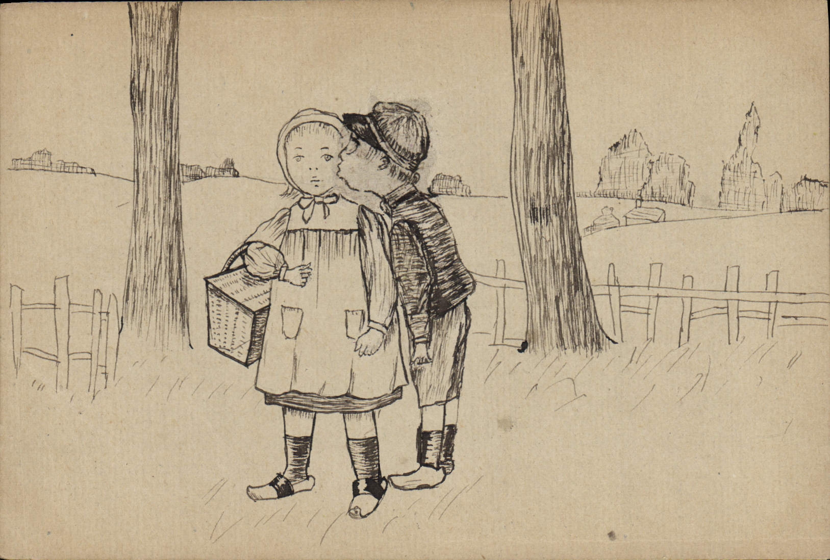 Kinder in einem ländlichen Landschaft — Tuschezeichnung — Antike Ansichtskarte CPAPHIL n°16