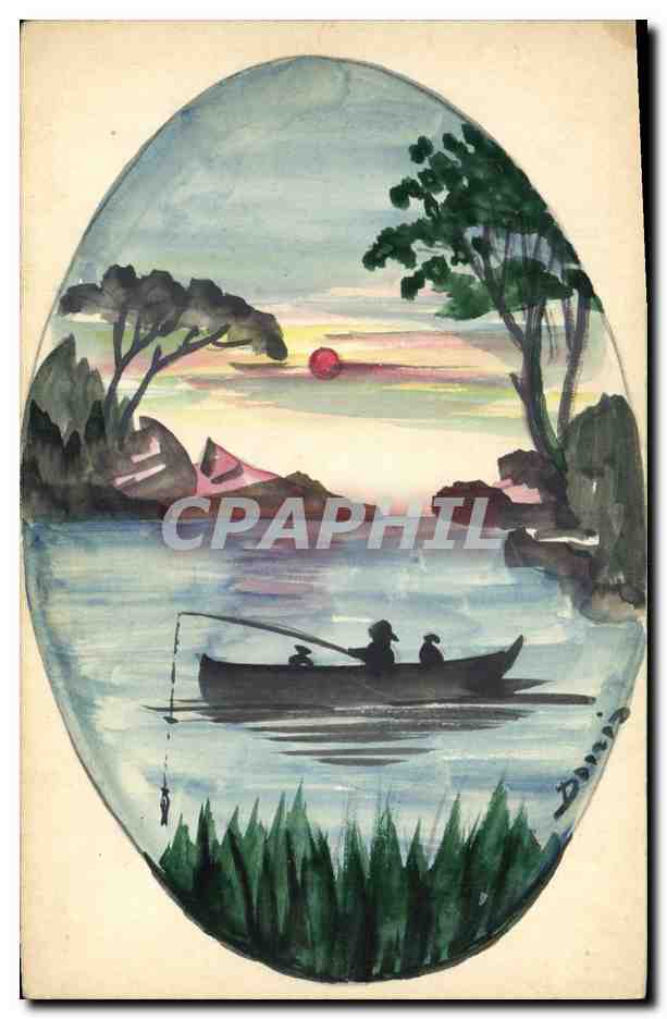 Pêcheurs au coucher du soleil — illustration à l'aquarelle — signée 'Dumas'