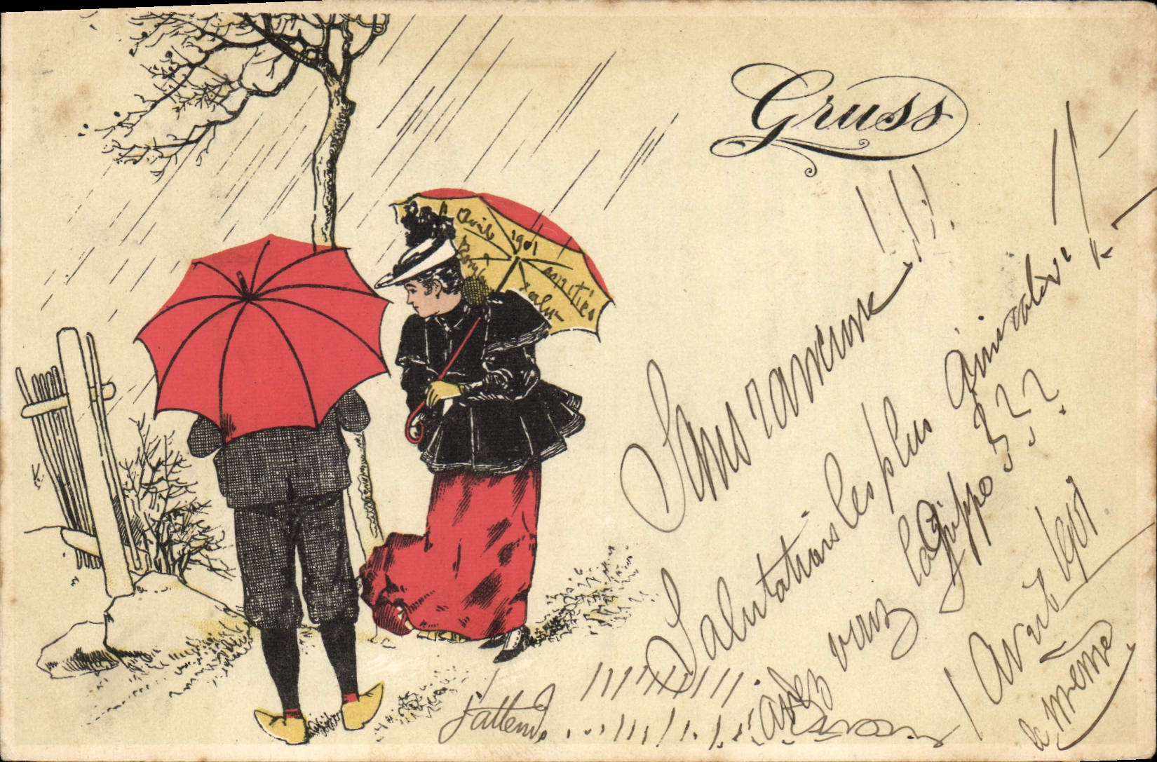 Zwei Personen in der Regen — Illustration — Gruss