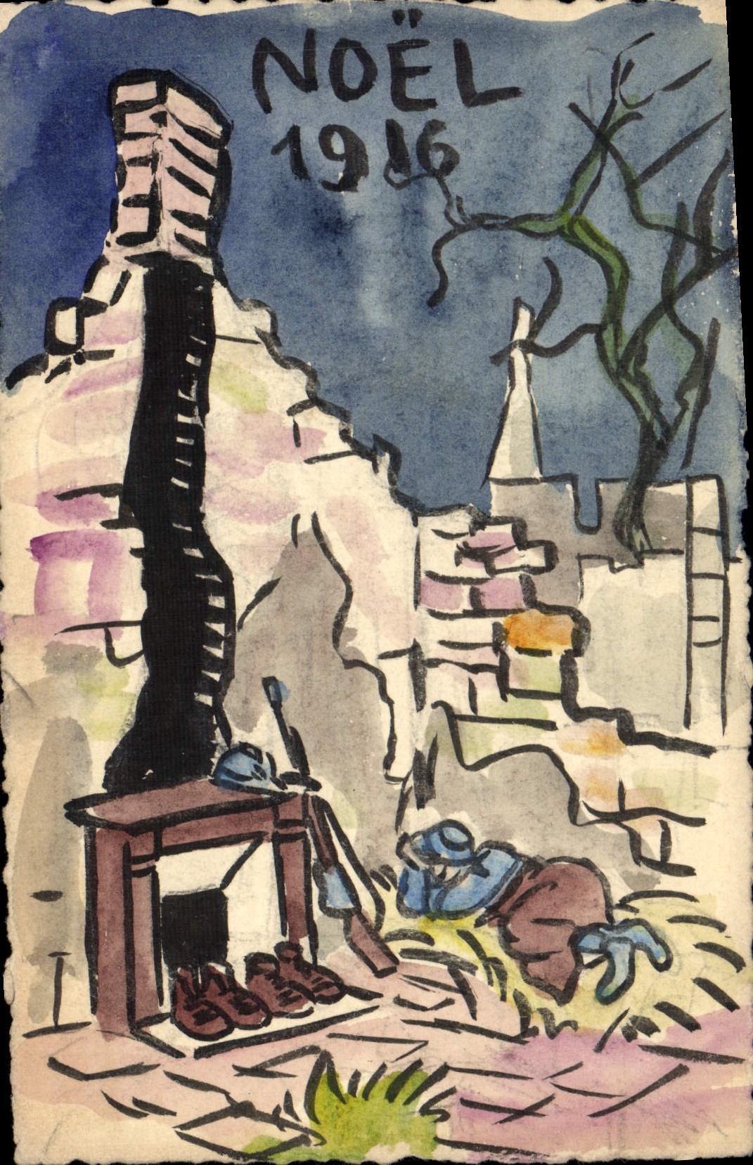 Noël 1916 — scène de guerre avec cheminée et soldat — dessin à l'aquarelle