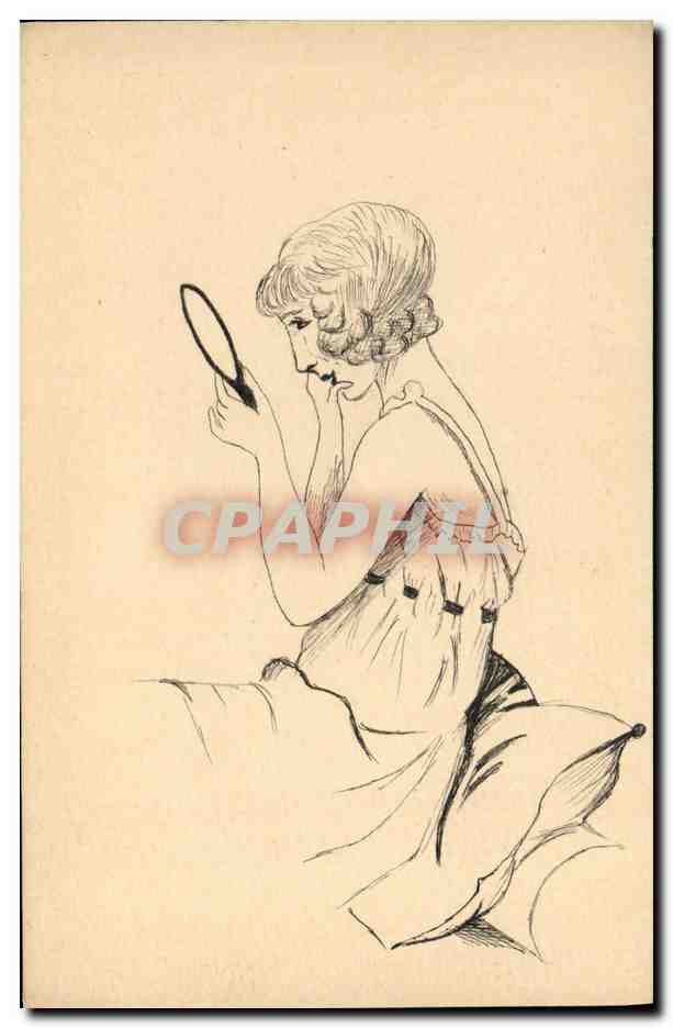 Femme en robe de bain — se regardant dans un miroir — dessin à l'encre