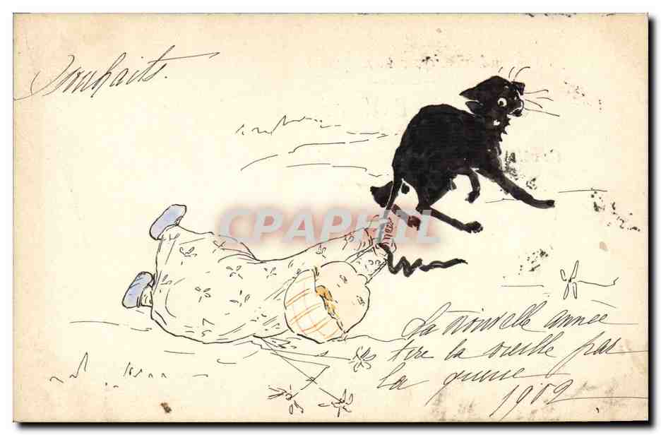 CPA (dessin la main) Enfant Chat
