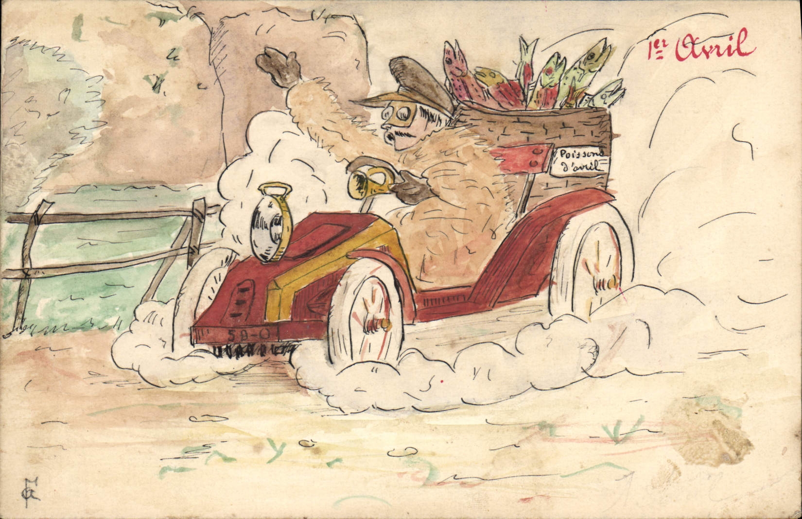 CPA (dessin la main) 1er AVril Automobile
