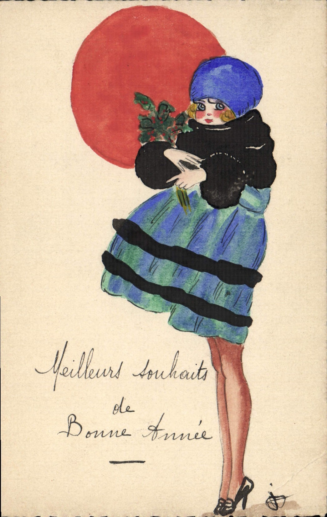 Femme en robe bleue et bonnet bleu — illustration de vœux de bonne année — éditeur non visible