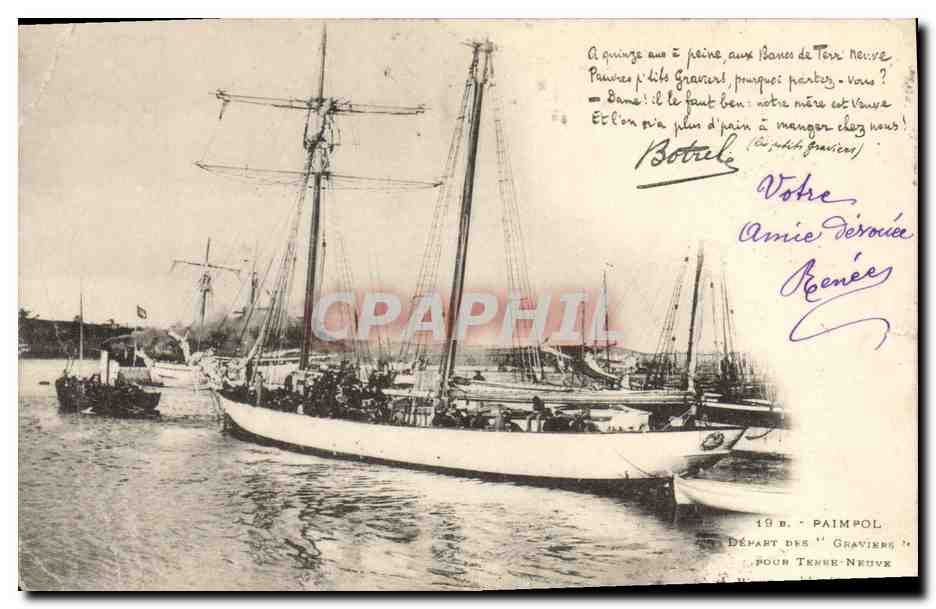 CPA Bateau de peche Paimpol Depart des Graviers pour Terre Neuve Botrel
