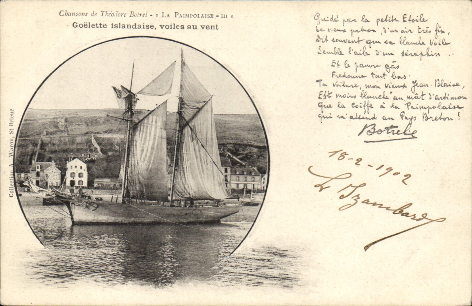 Goélette islandaise, voiles au vent — Chansons de Théodore Botrel « La Paimpolaise » — Collection A. Warron, St Brieuc