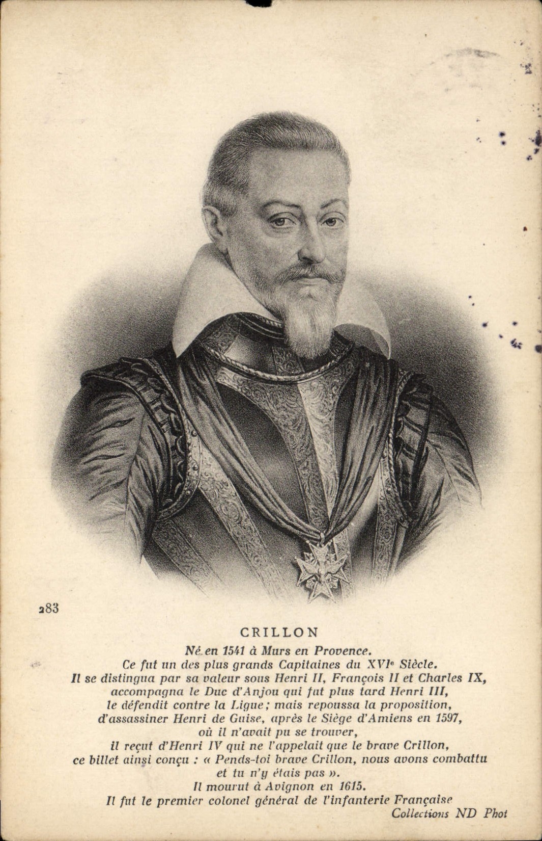 Crillon — Général français du XVIe siècle — Collections ND Phot n°283 - Recto