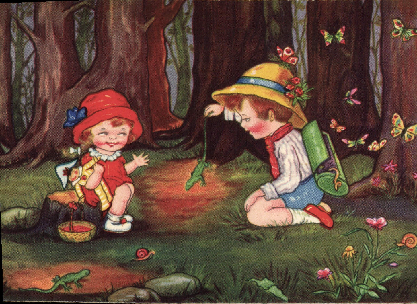 CPA Escargot Enfants Lezard Papillon
