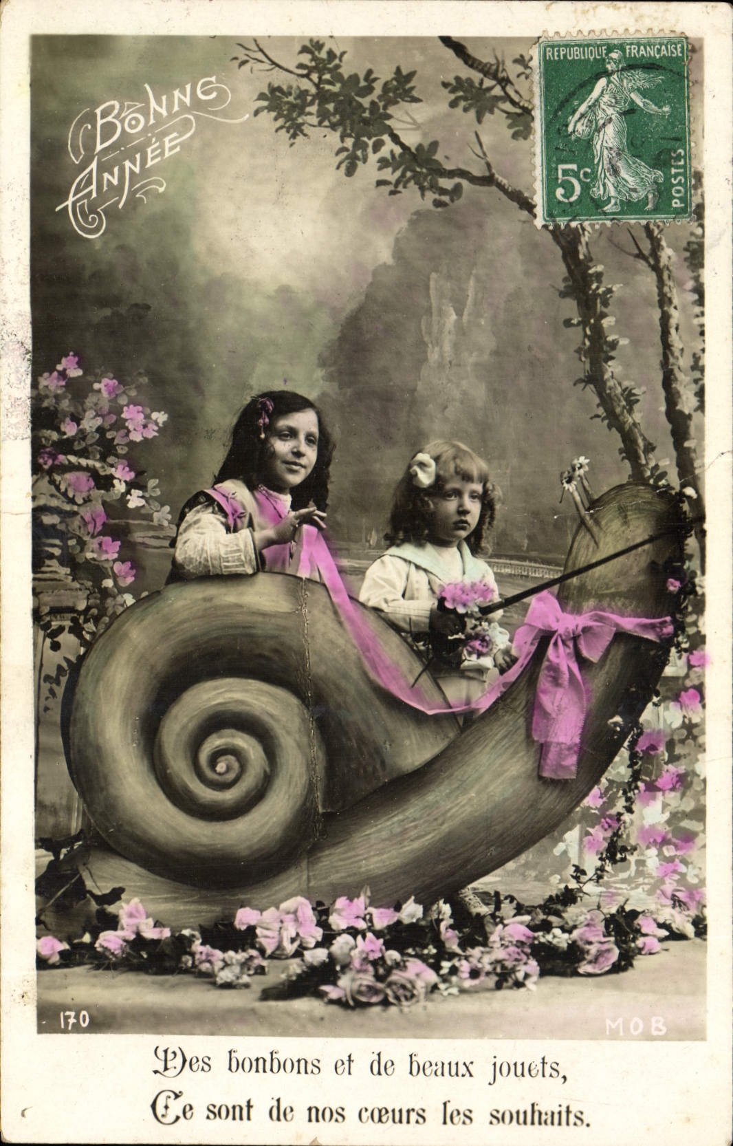 Deux enfants dans une escargot — carte de vœux — éditeur MOB, n° 170 - Anverso