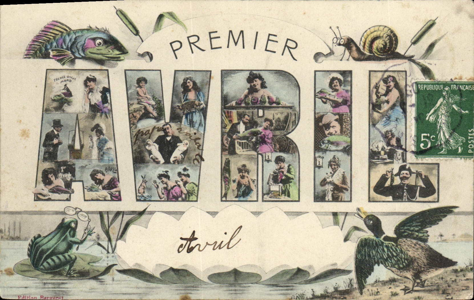 CPA Escargot Poisson Grenouille Canard Femme