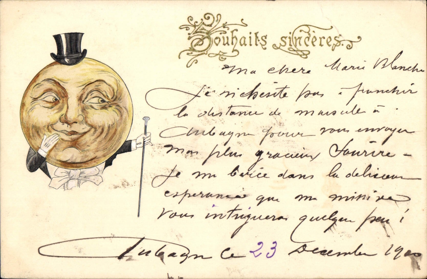 Lubagn - Souhaits sincères — dessin de la Lune en costume — éditeur non visible