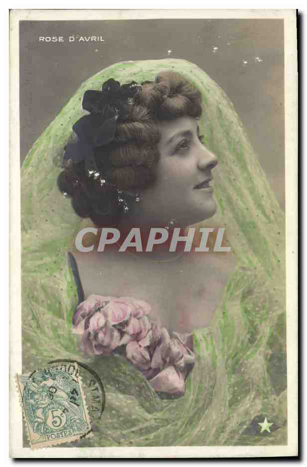 April Rose — young woman in green veil and pink flowers — published by Rose d'Avril, series N. 898