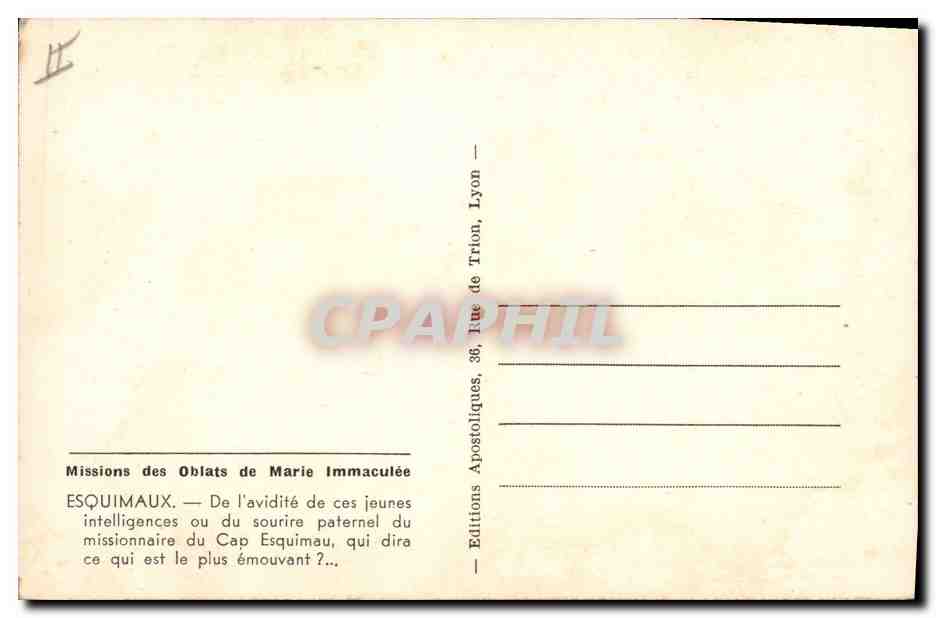CPA Polaire Missions des Oblats de Marie immaculee Esquimaux  — Rückseite