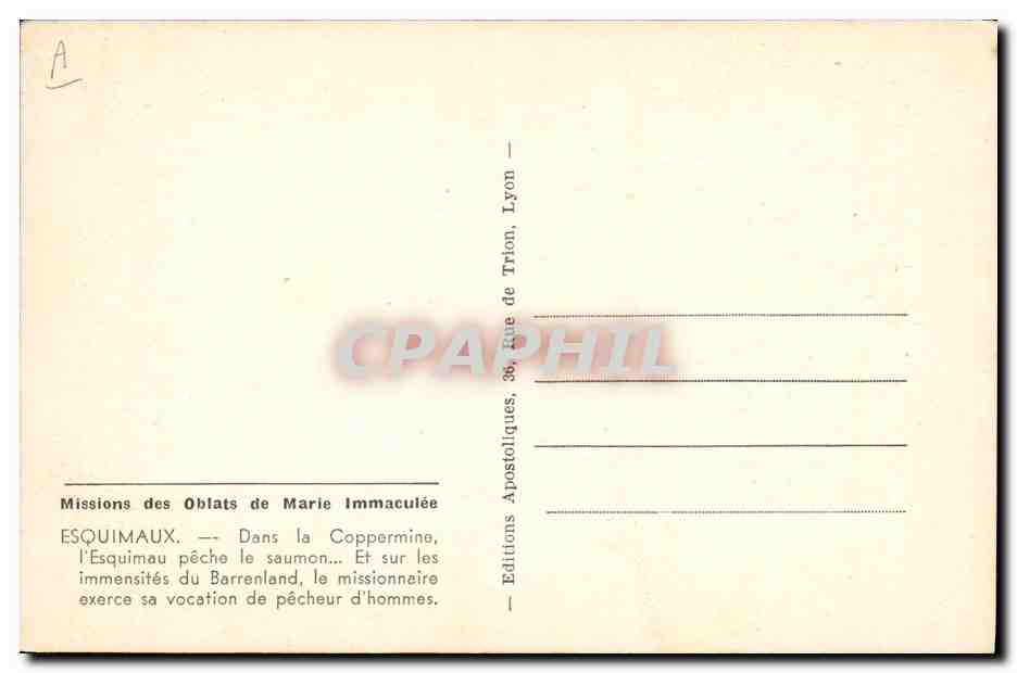 CPA Polaire Missions des Oblats de Marie Immaculee Esquimaux Dans la Coppermine l'Esquimau peche le saumon — Rückseite