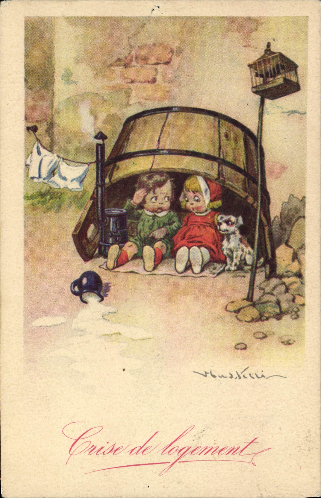 CPA Fantaisie Illustrateur Enfants Chien
