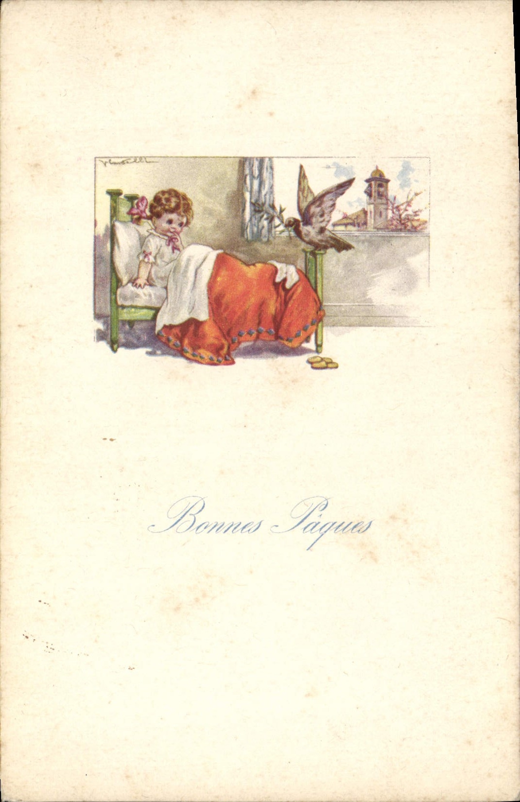 CPA Fantaisie Illustrateur Enfant Paques Colombe