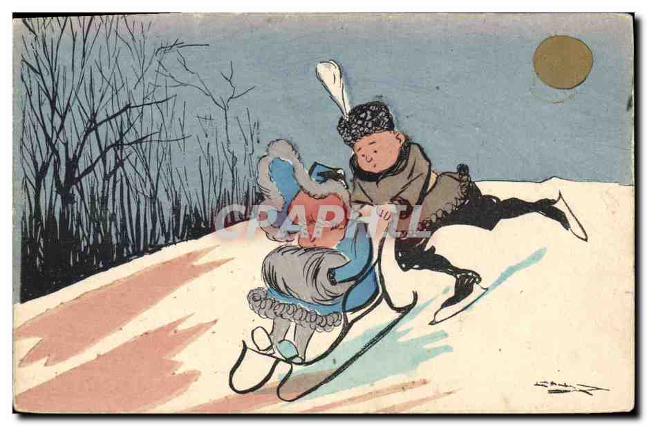 CPA Fantaisie Illustrateur Luge Patins a glace 