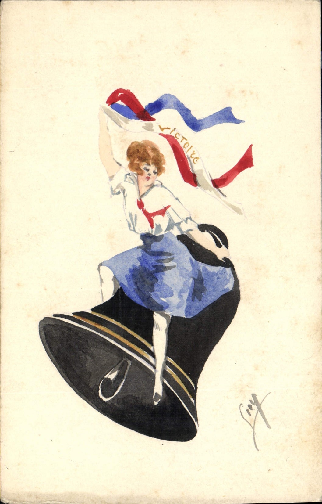 Victoire — jeune fille sur un chapeau — dessin signé 'Cey'