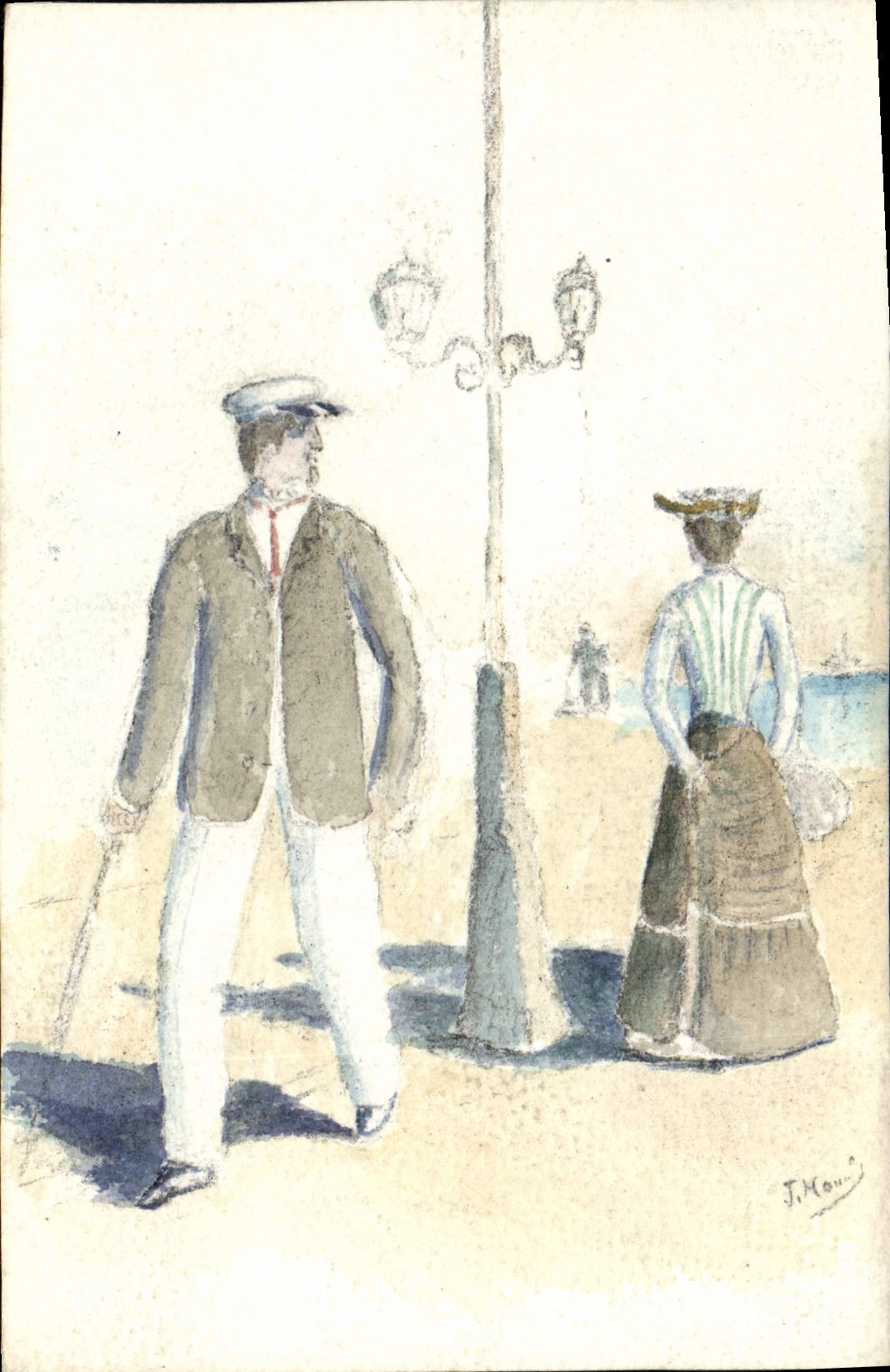 Scène de plage — J. Moui — dessin à l'aquarelle