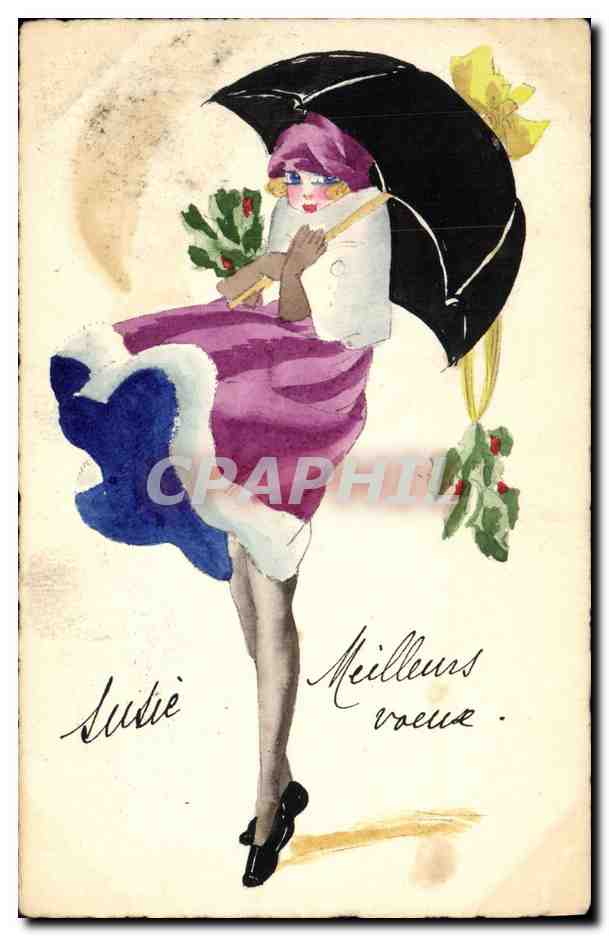 Femme sous parapluie avec houx — carte de vœux — éditeur non visible