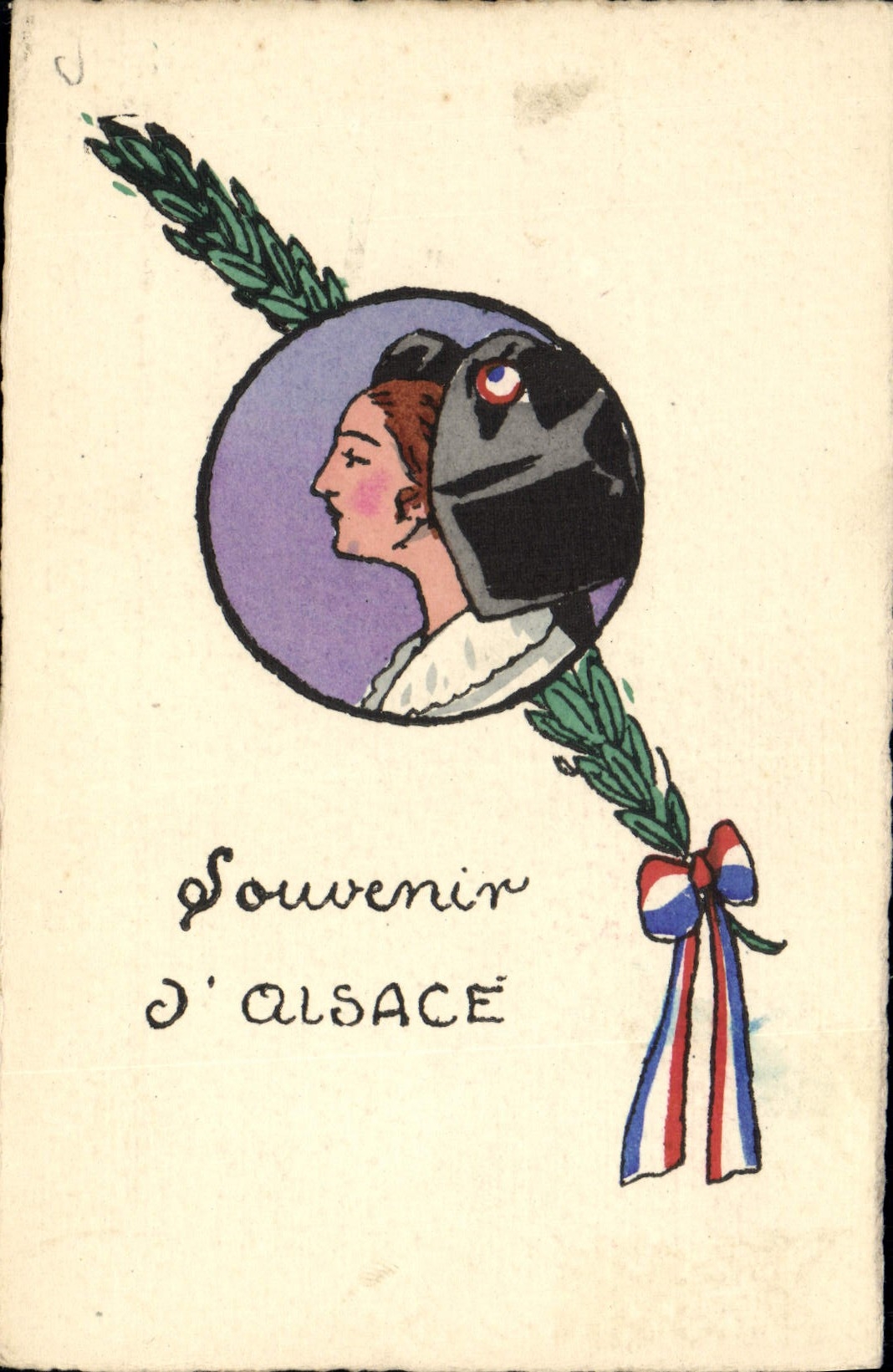 Recuerdo de Alsacia — ilustración de una mujer y un casco con escudo tricolor — editor no visible