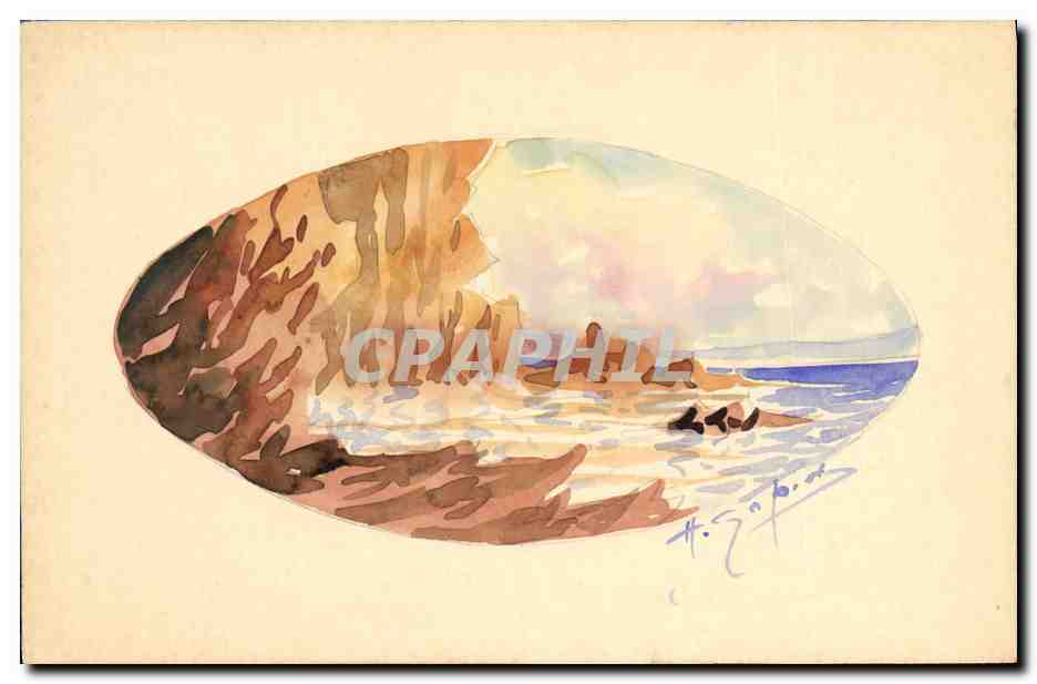 Vue de plage — dessin à l'aquarelle — signé H. Z. P. et daté 1908