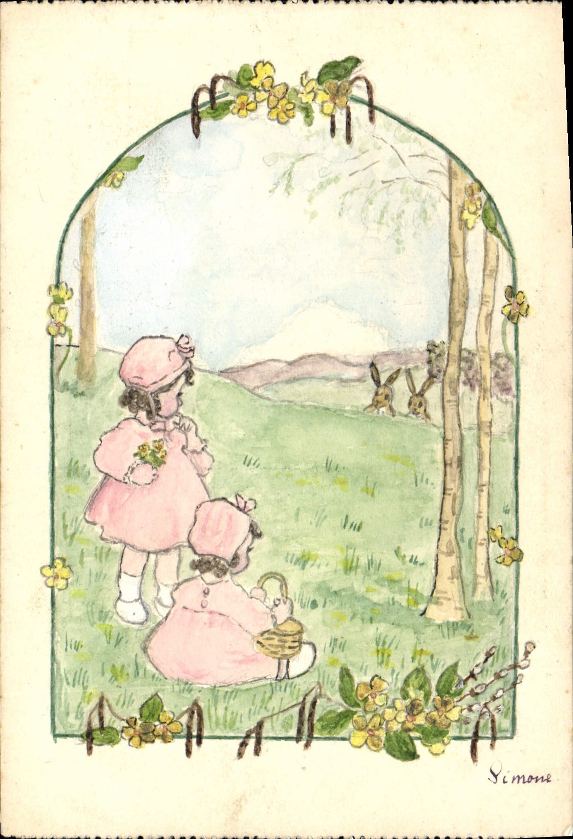 Deux enfants en robe rose cueillant des fleurs — dessin de Simone — Feldpostkarte 'Wega'-Feld-Skizzierblock, Verlag Wwe. Garve & Sohn, Hannover