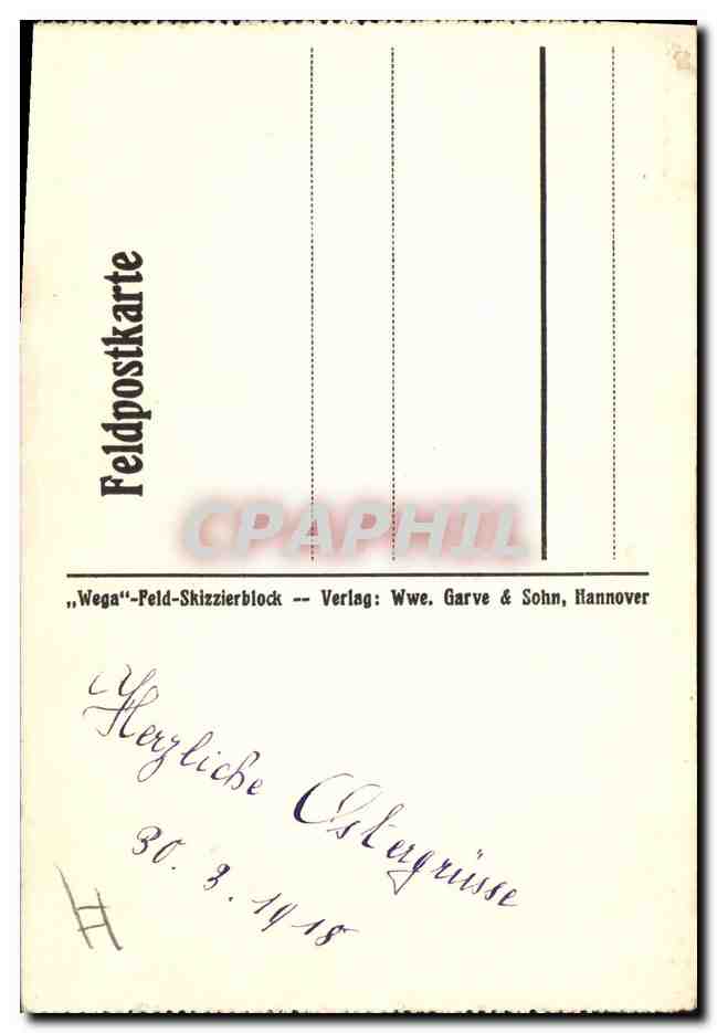 Deux enfants en robe rose cueillant des fleurs — dessin de Simone — Feldpostkarte 'Wega'-Feld-Skizzierblock, Verlag Wwe. Garve & Sohn, Hannover — Verso