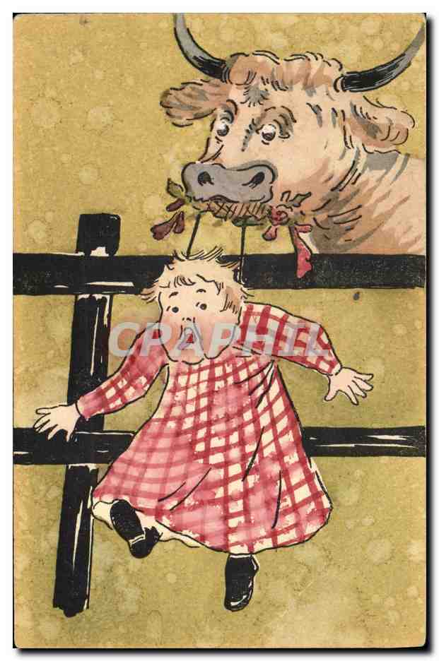Enfant et vache — illustration humoristique — Union Postale Universelle