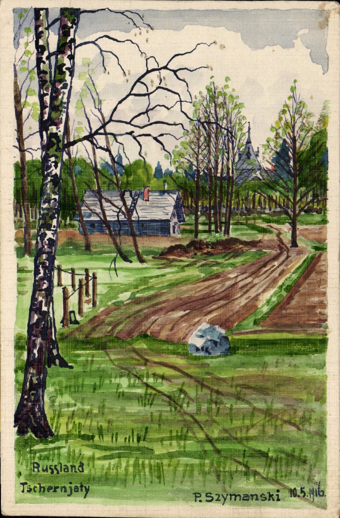 Paysage rural en Russie — dessin à l'aquarelle — P. Szymanski, 10.5.1916