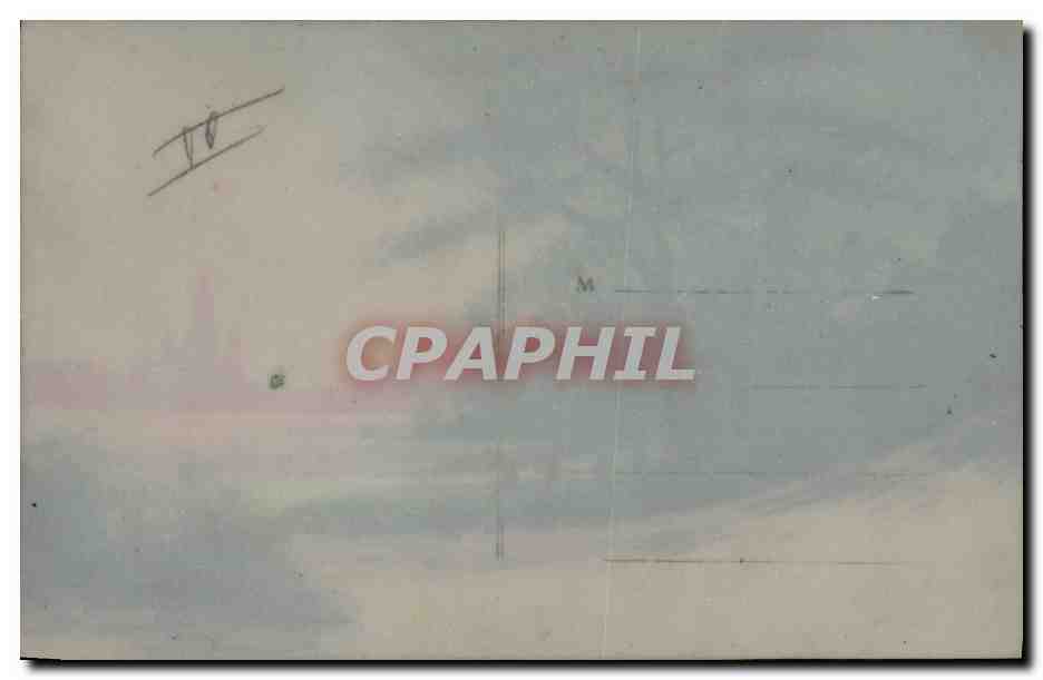Paysage au bord d'un lac — silhouette de montagnes au coucher du soleil — signature de l'artiste en bas à droite — Verso