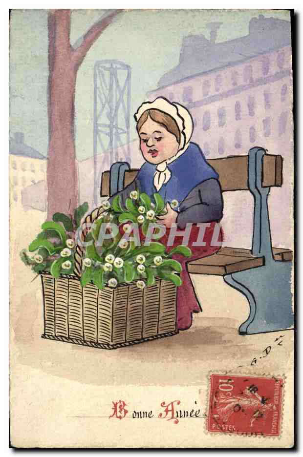 Donna seduta su un banco con un cesto di fiori — Buon Anno — editore A.D. (n° 12261)