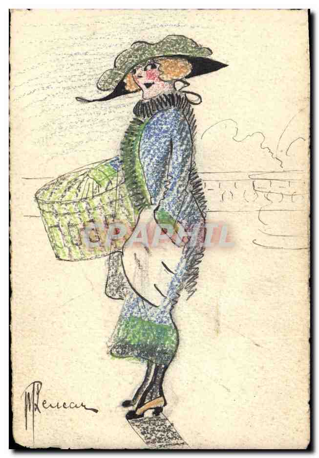 Femme en chapeau et panier — dessin de M. Perecar — éditeur non visible