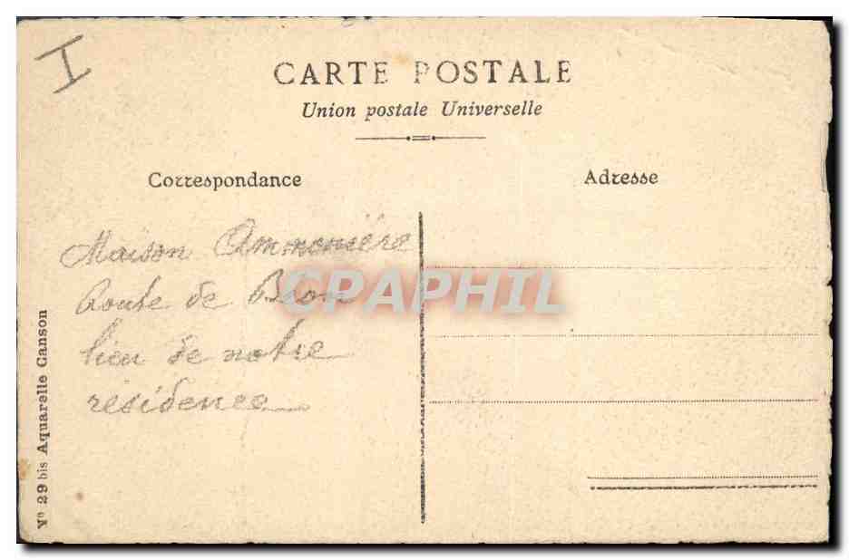 Maison d'habitation à Aquarrelle Ganson — peinture à l'aquarelle — éditeur Union postale Universelle, n° 29 — Verso