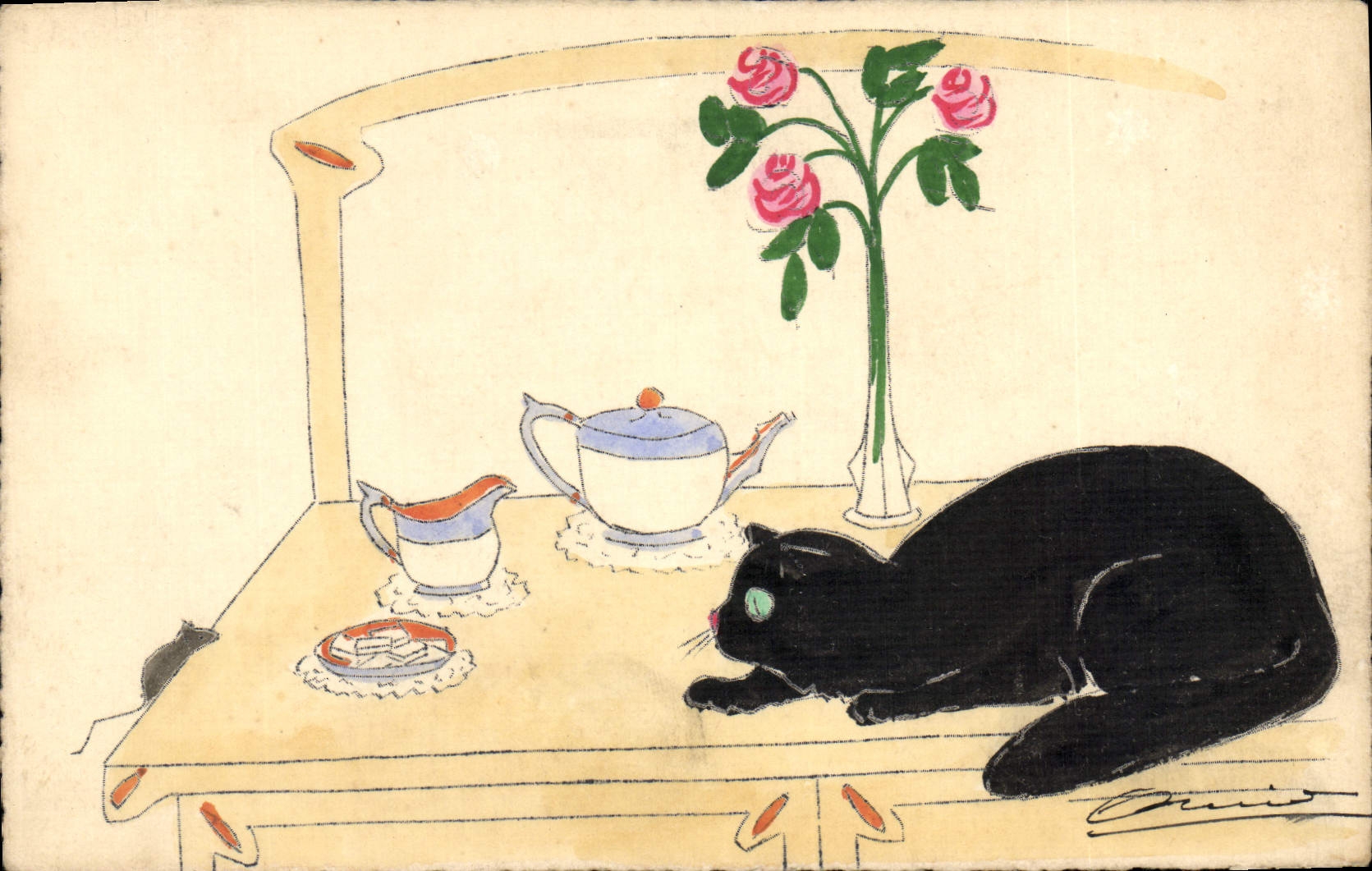 Chat noir sur une table — scène de thé — dessin de Denis