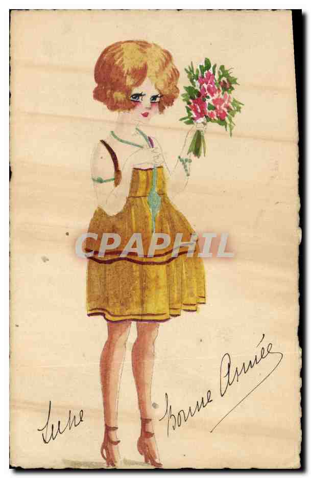 Jeune fille en robe jaune — Bonne Année — Carte postale illustrée