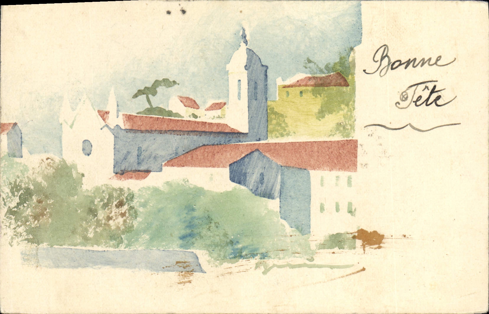Vue de village avec église — dessin à l'aquarelle — texte manuscrit 'Bonne Fête' — vers 1939