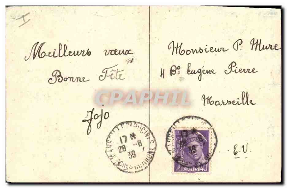 Vue de village avec église — dessin à l'aquarelle — texte manuscrit 'Bonne Fête' — vers 1939 — Verso