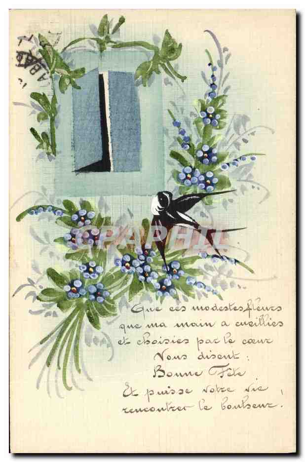 CPA Fantaisie (dessin a la main) Fleurs Hirondelle