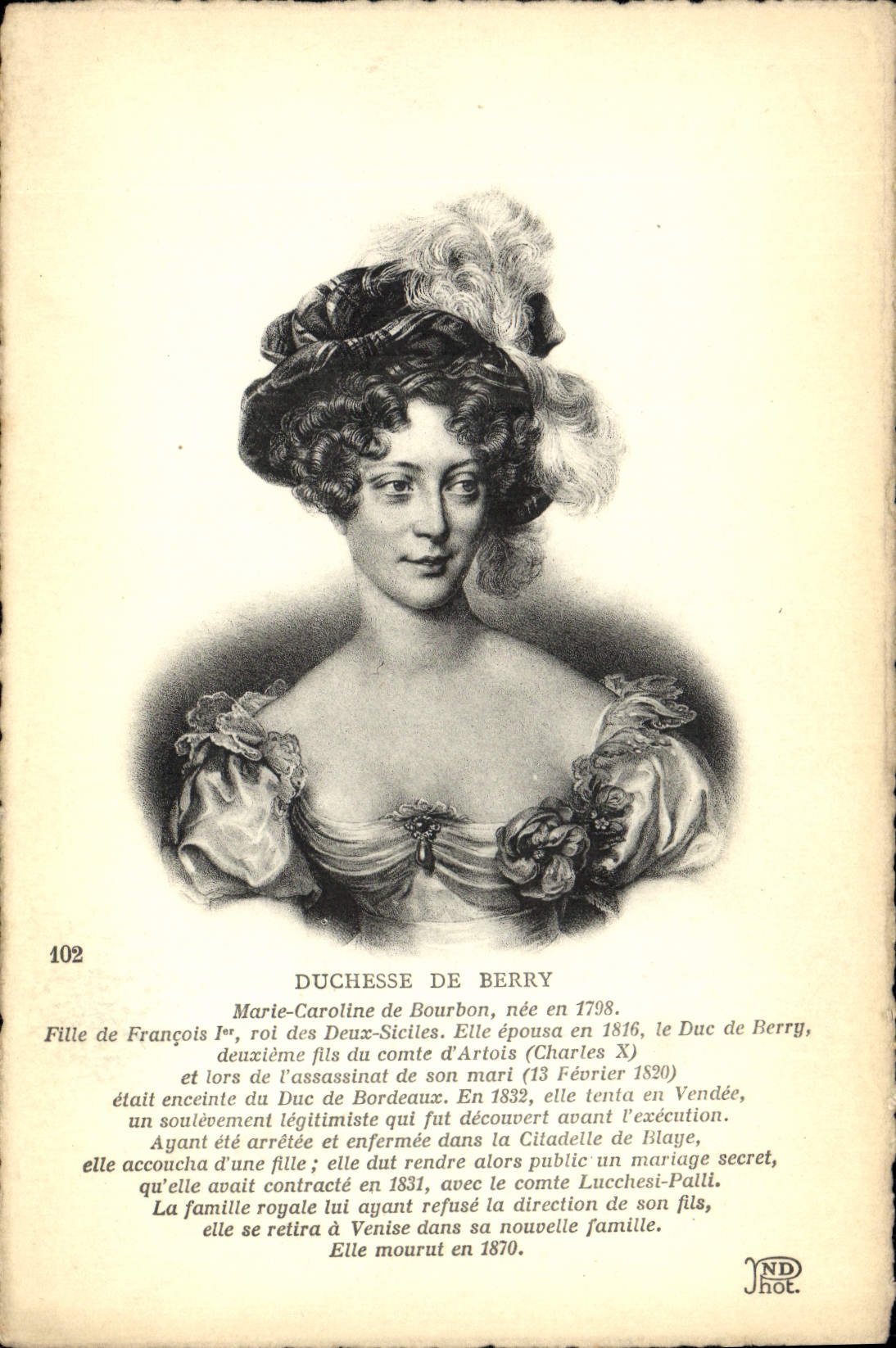 Duchesse de Berry — Portrait gravé — JND Hot. n° 102