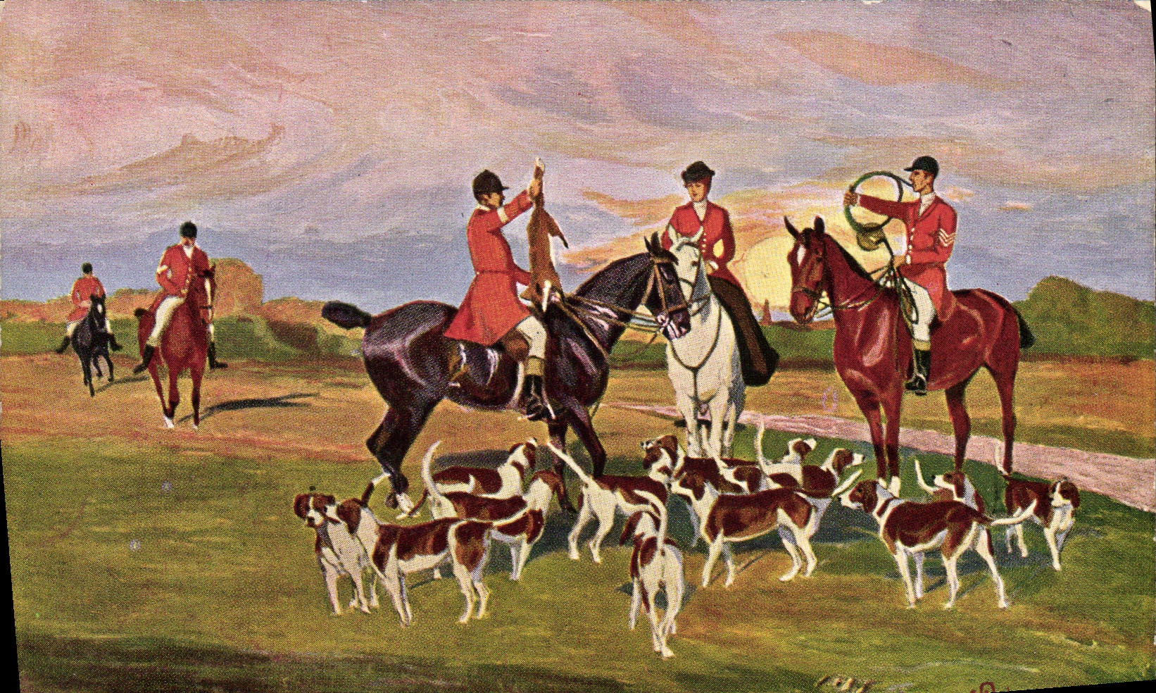 Chasse à courre — cavaliers en tenue rouge et chiens — H. K. & Co. M. Série 484