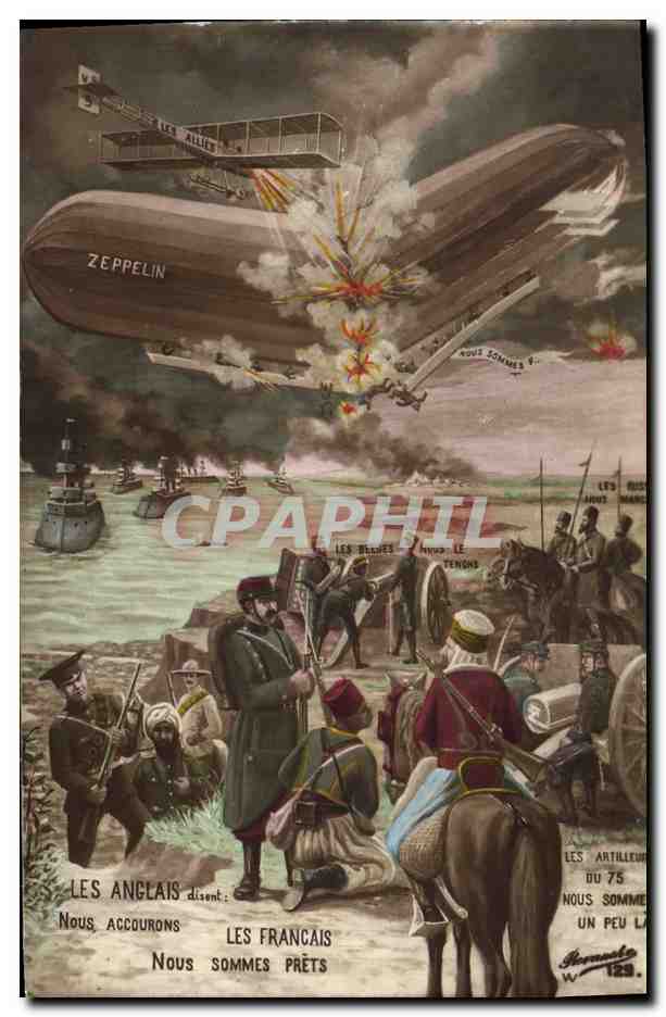 Zeppelin en flammes — Les Alliés contre les Français — Hermant W. 129
