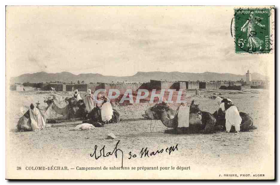Colome-Béchar — Campement de sahariens se préparant pour le départ — J. Geiser, Phot. Alger