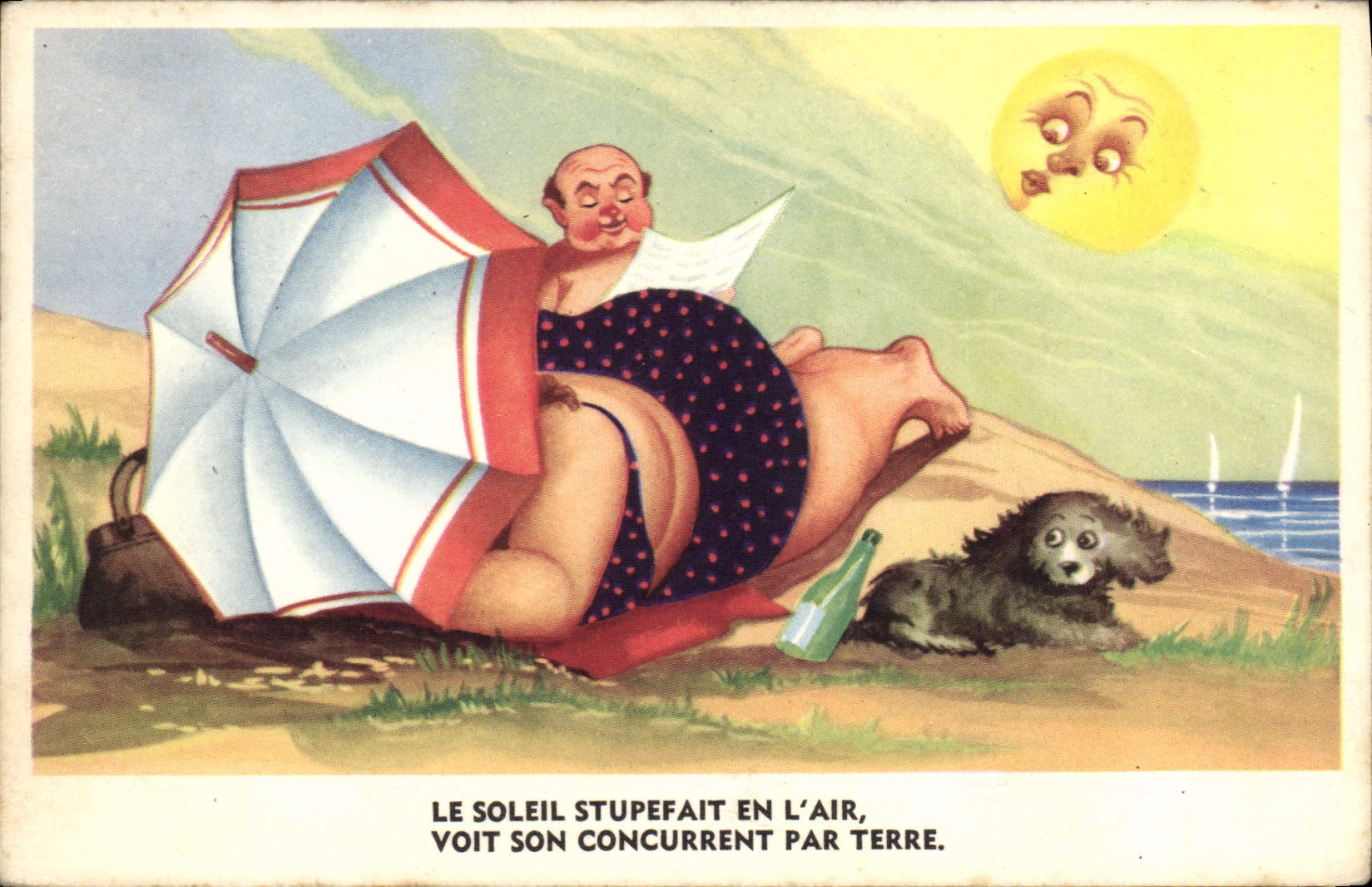 CPA Fantaisie Lune Le soleil stupefait en l'air voit son concurrent par terre Chien