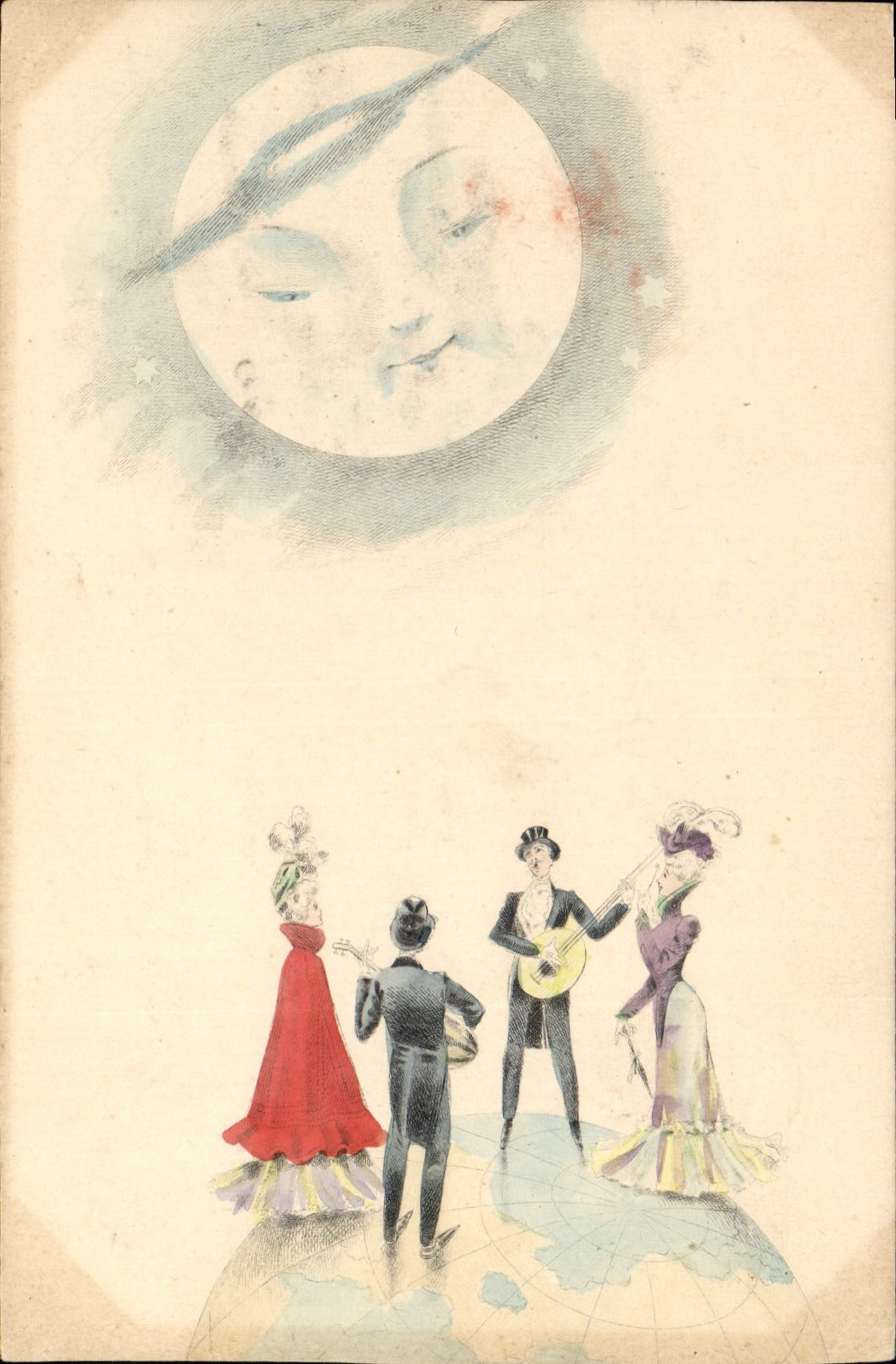 Sujet : Musiciens et danseurs devant la Lune — éditeur non visible