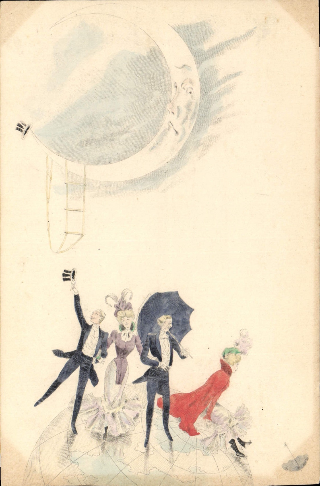 Scène de voyage aérien — ballon dirigeable et lune — éditeur A. CPHAPHIL
