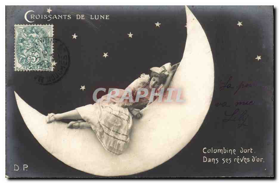 CPA Fantaisie Lune Femme Croissants de lune Colombine dort